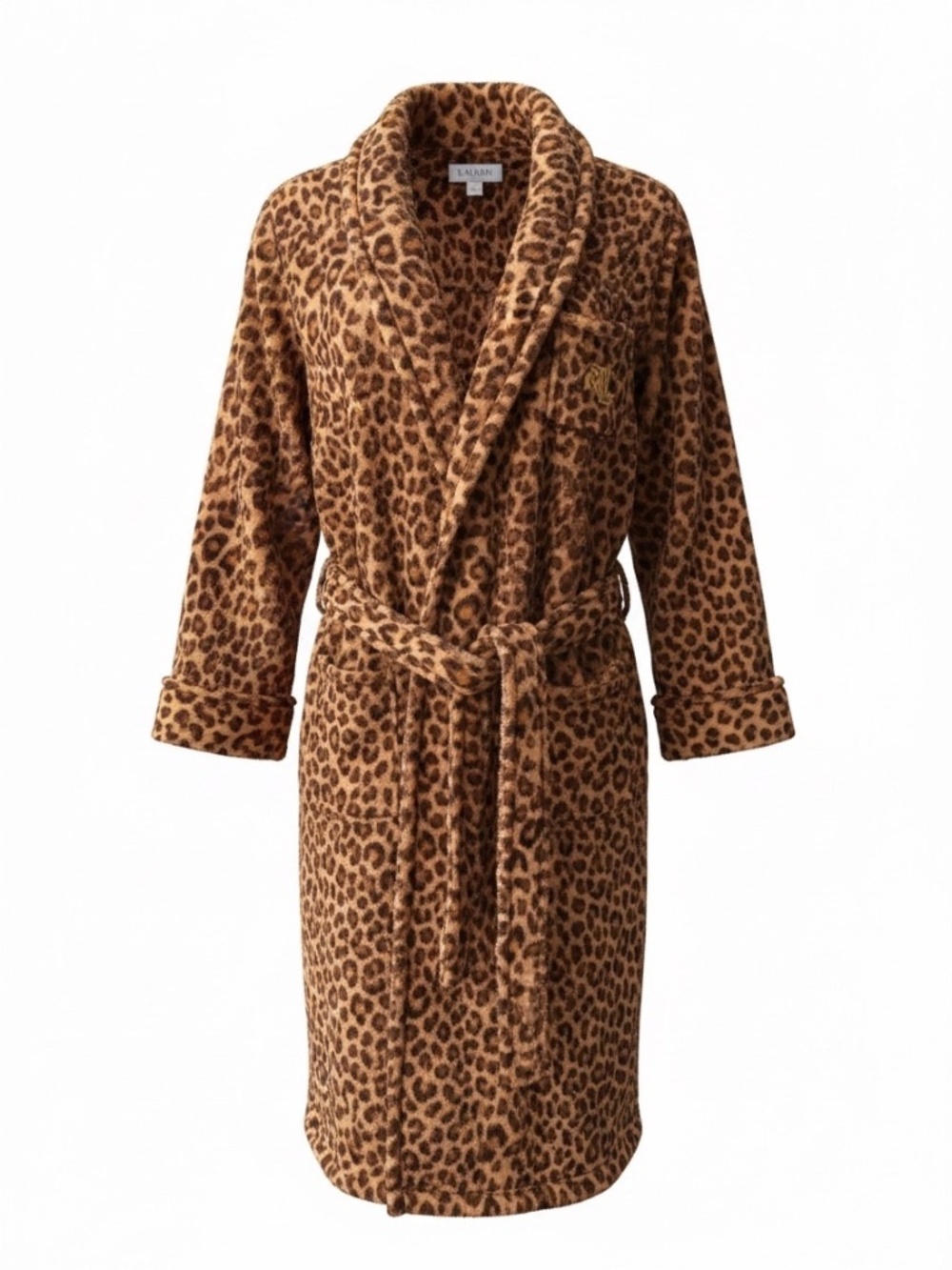 Ralph Lauren Women's Plush Leopard Print Robe Shawl Collar Embroidered Logo S